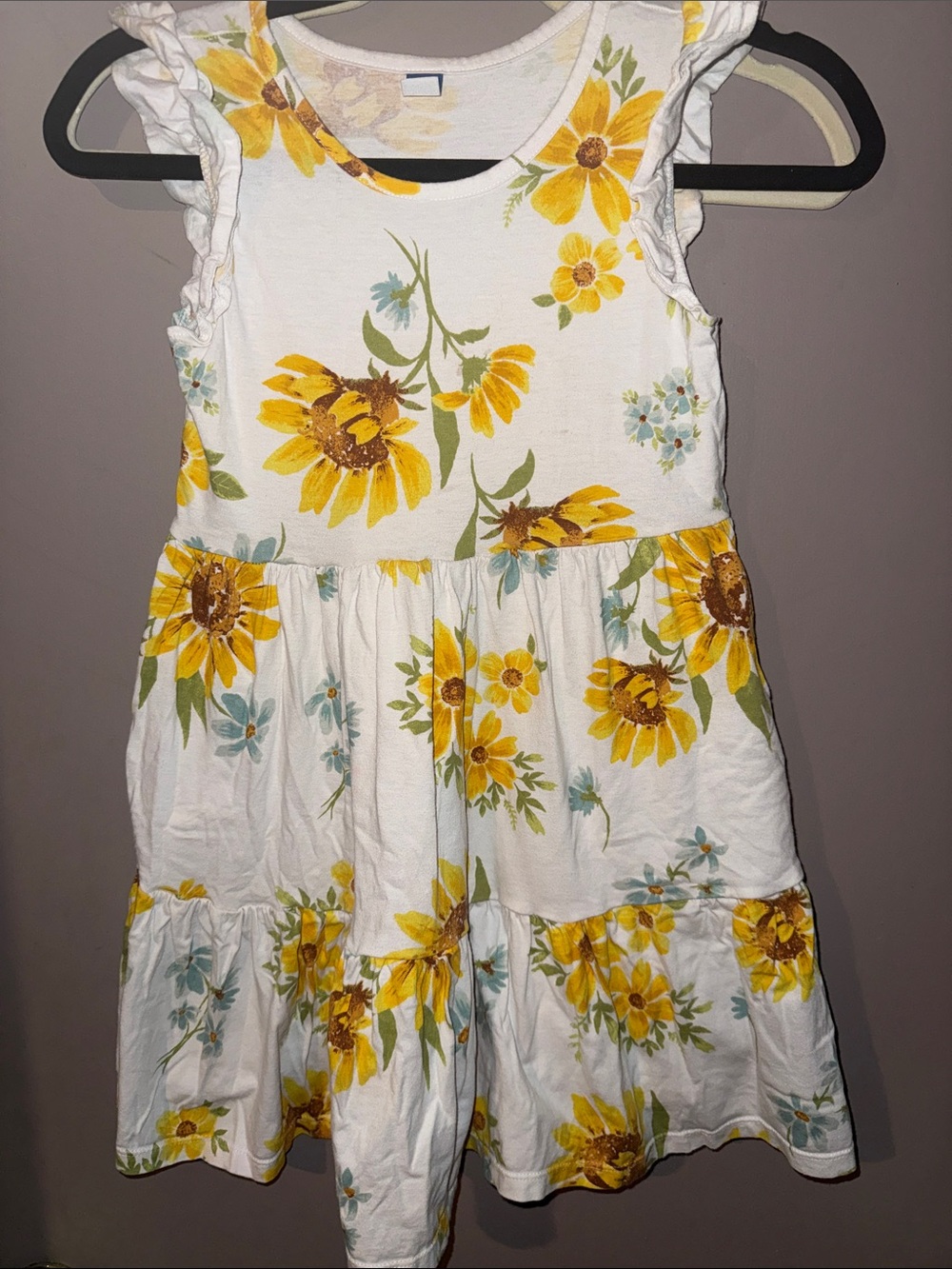 Girls' Sunflower Print Ruffle-Sleeve Cotton Dress - White & Yellow
